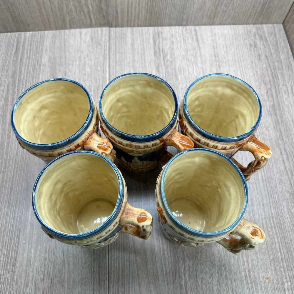 Vtg Ceramic Beer Stein Set w/Lidded Pitcher & 5 Mugs Made in Japan Blue Tan - Picture 10 of 16